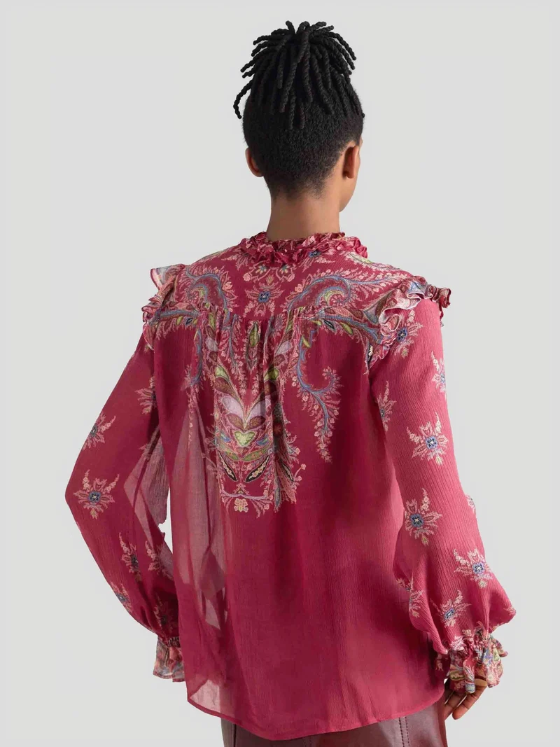 Exquisite Bohemian Ruffled Printed Chiffon Shirt