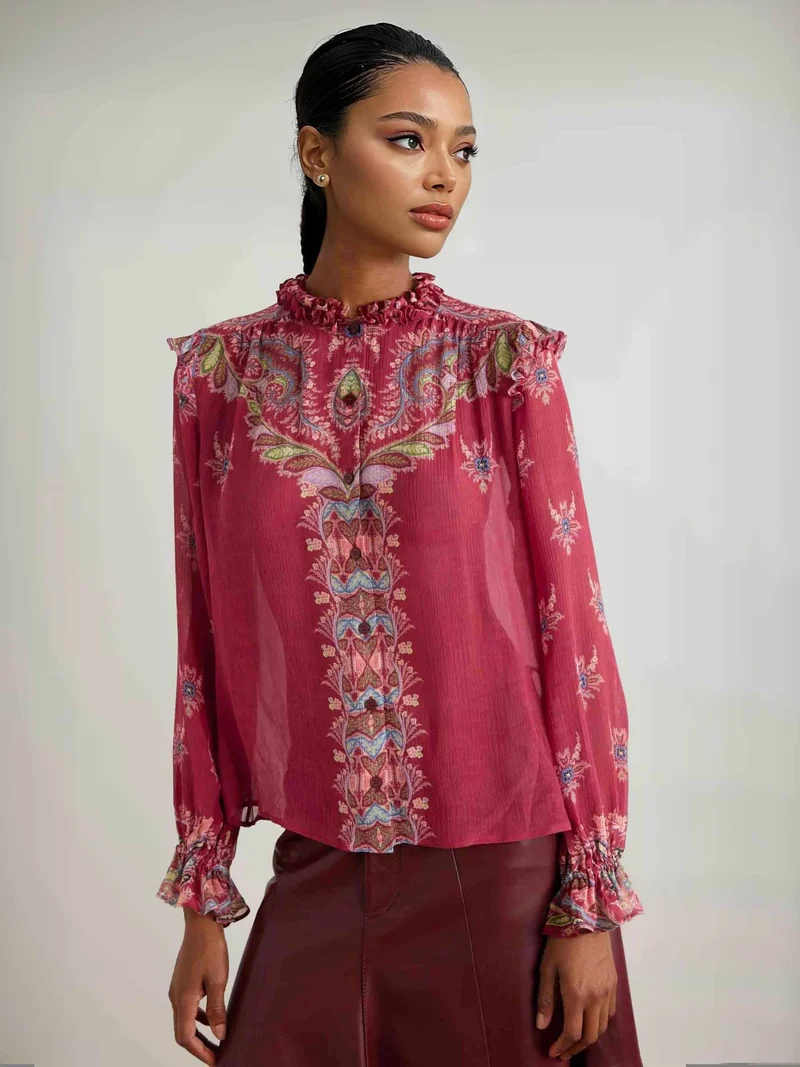 Exquisite Bohemian Ruffled Printed Chiffon Shirt