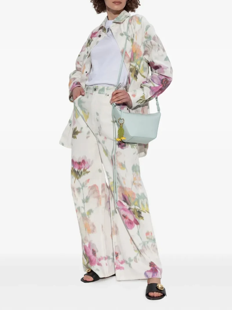 Elegant Neutral Floral Print Button-Down Pants
