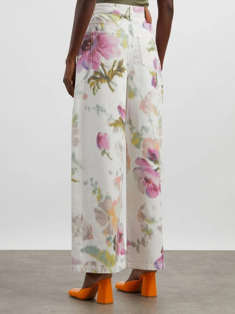 Elegant Neutral Floral Print Button-Down Pants