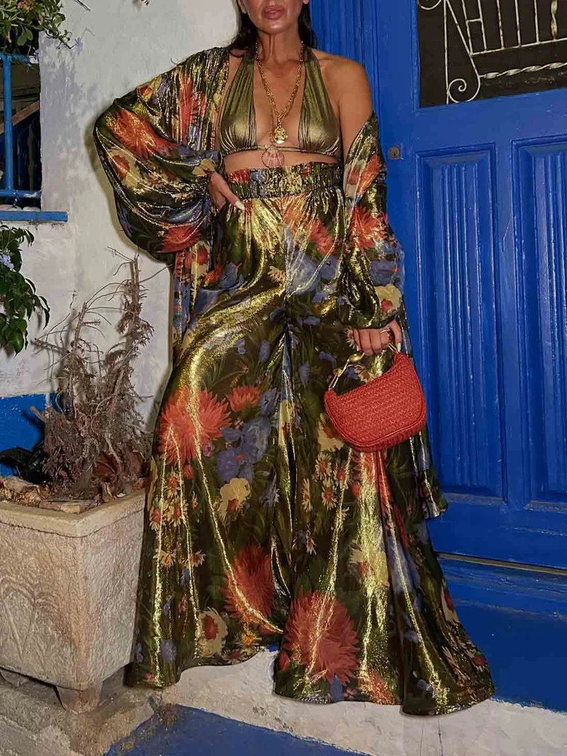 Unique Floral Print Satin Kimono Blouse