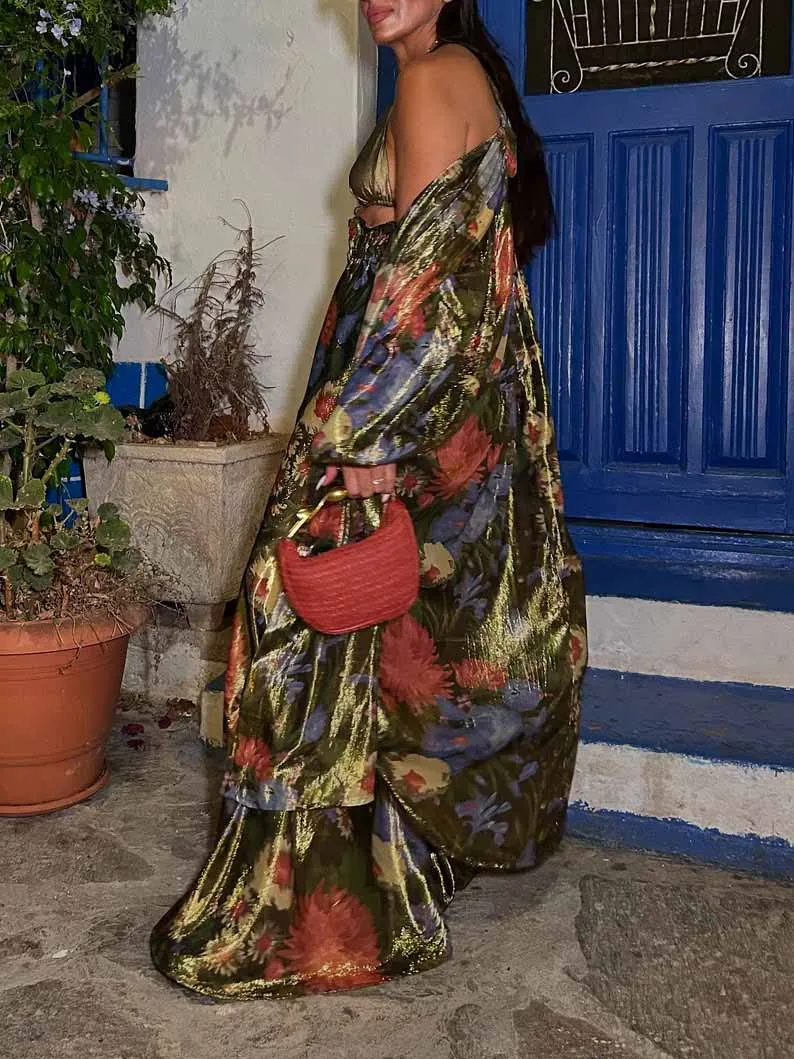 Unique Floral Print Satin Kimono Blouse