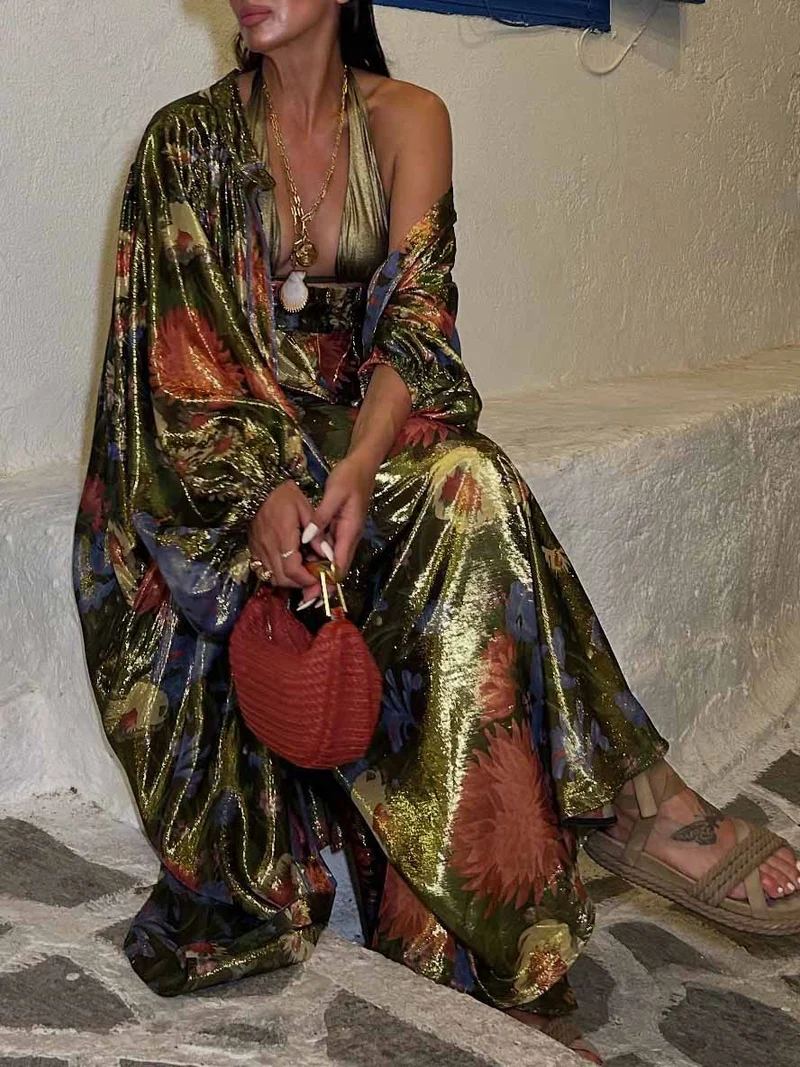 Unique Floral Print Satin Wide-leg Pants