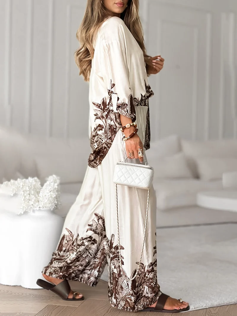 Casual Floral Print Elastic-Waist Wide-Leg Pants