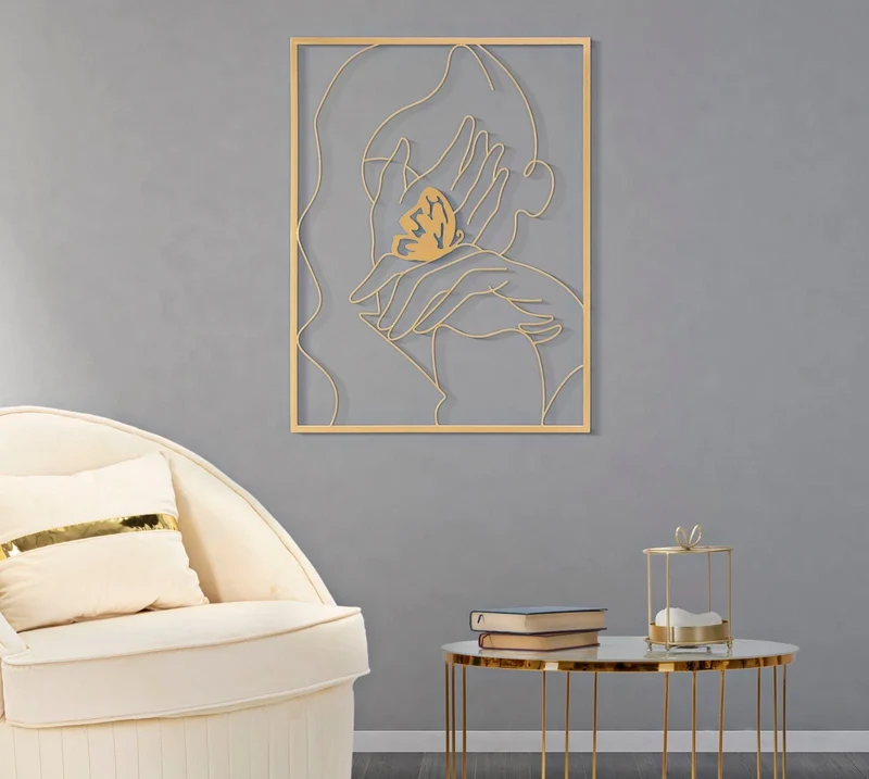 Décor mural moderne abstrait en métal doré avec visage de femme