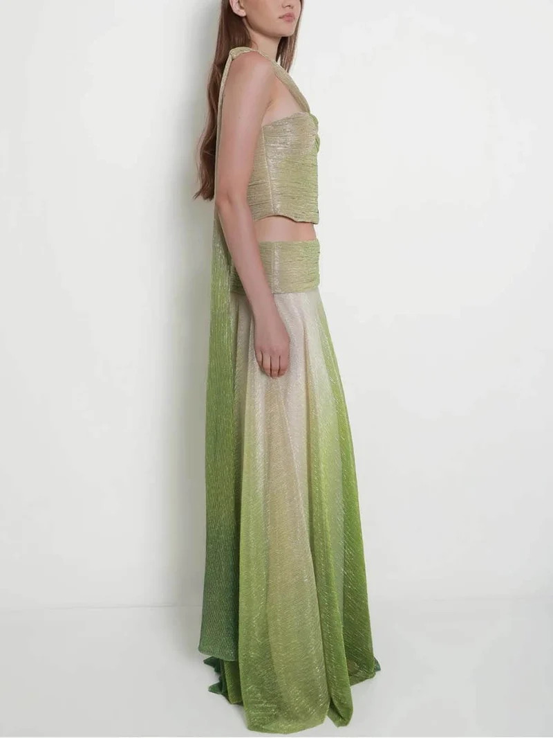 Elegant Ombre Printed One-Shoulder Cutout Top and High-Waisted A-Line Skirt Set