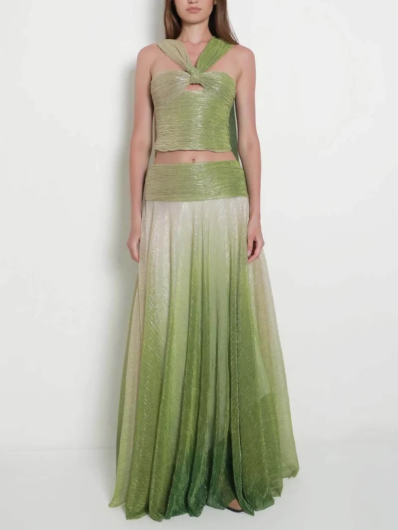 Elegant Ombre Printed One-Shoulder Cutout Top and High-Waisted A-Line Skirt Set