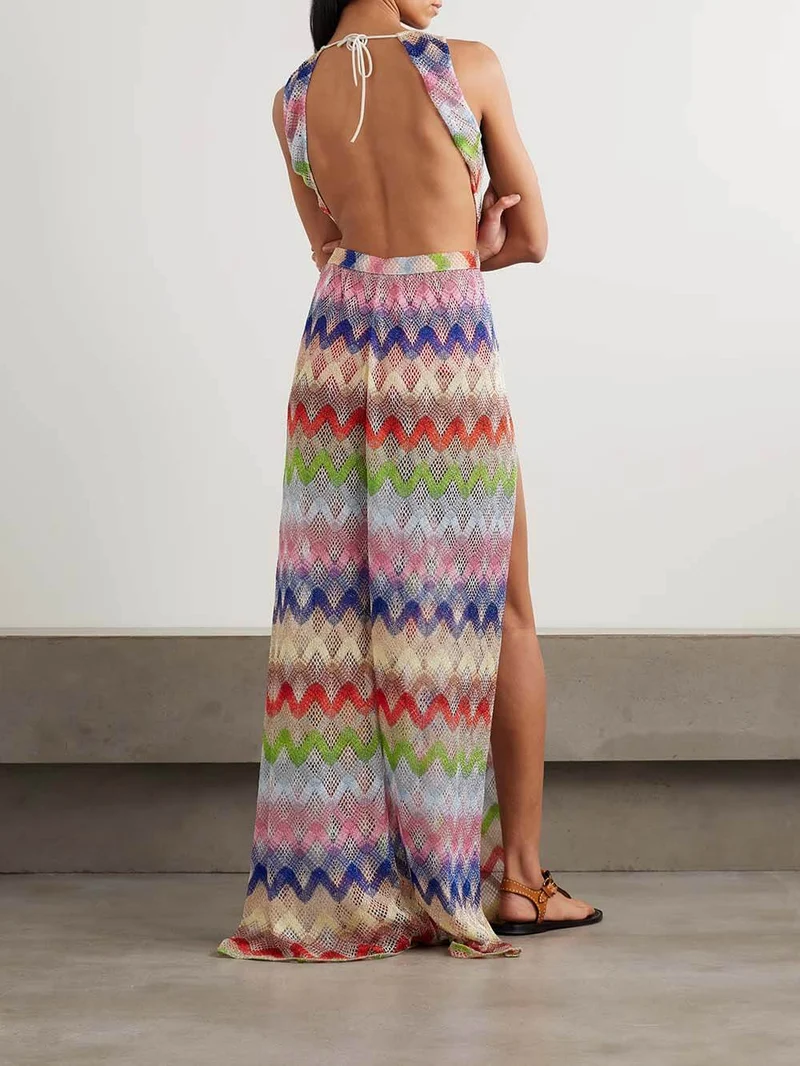 Casual Stripe Print Metallic Crochet Jumpsuit