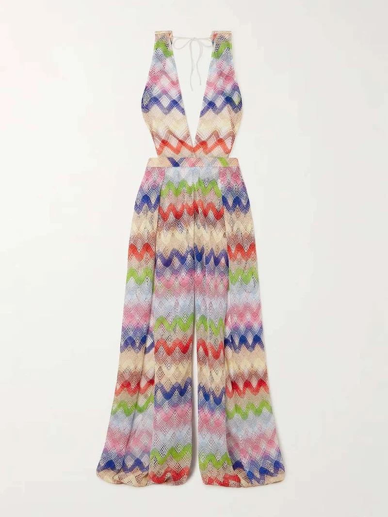 Casual Stripe Print Metallic Crochet Jumpsuit