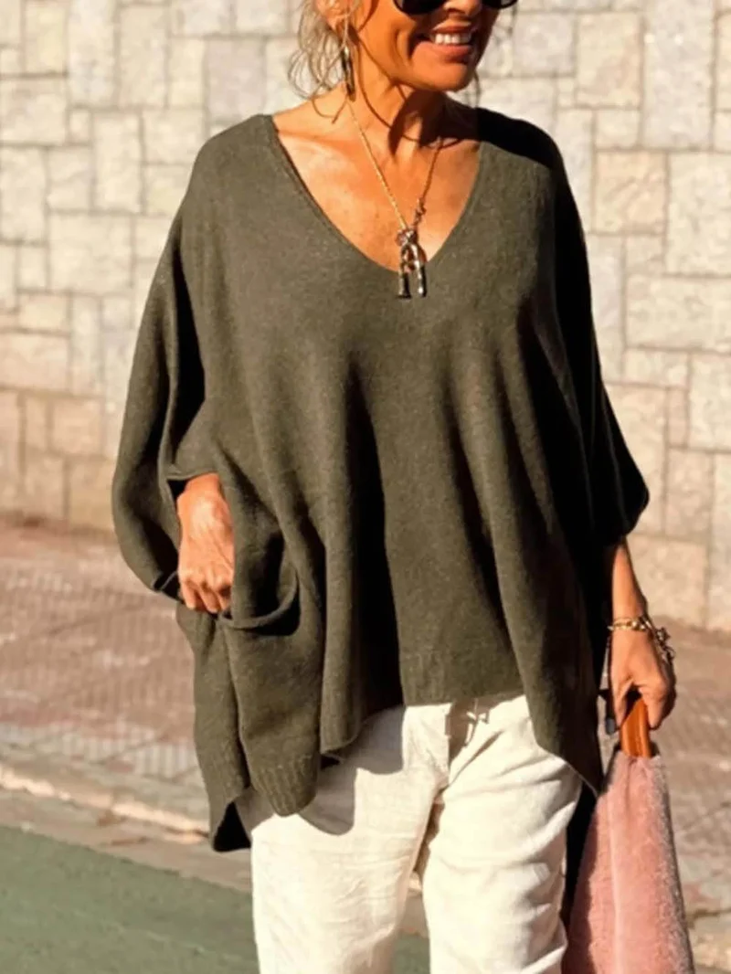 Classic Fashion V-neck Loose Pocket Mid-length Knitted Sweater