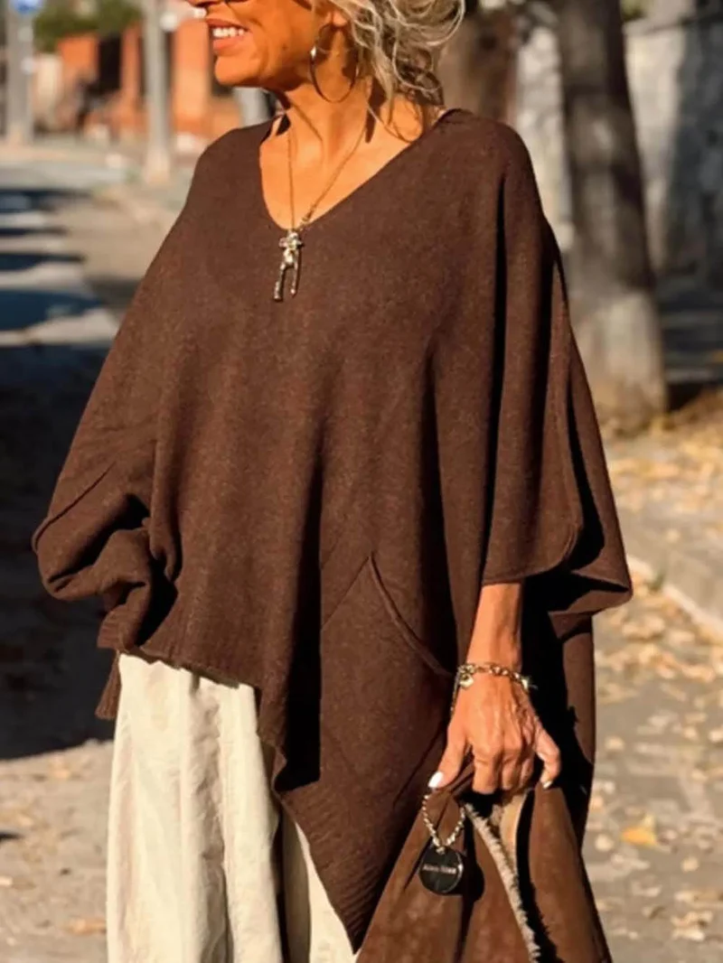 Classic Fashion V-neck Loose Pocket Mid-length Knitted Sweater