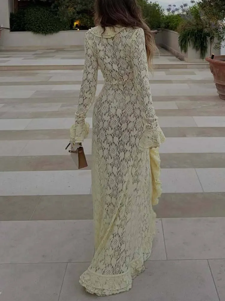 Ruffled Lace Front Slit Maxi Dress