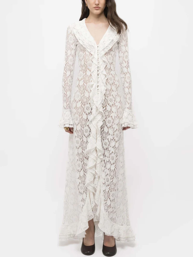 Ruffled Lace Front Slit Maxi Dress