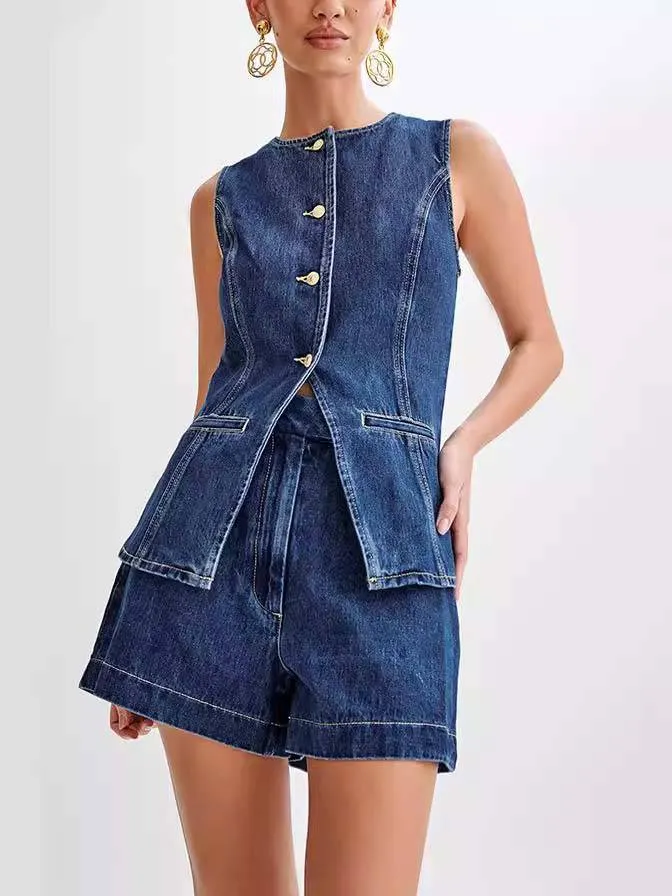 Minimalist Old Money Style Denim Vest And Shorts Suit