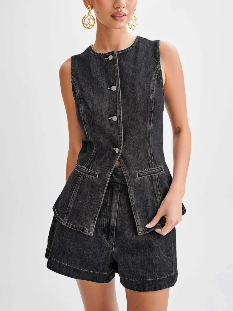 Minimalist Old Money Style Denim Vest And Shorts Suit