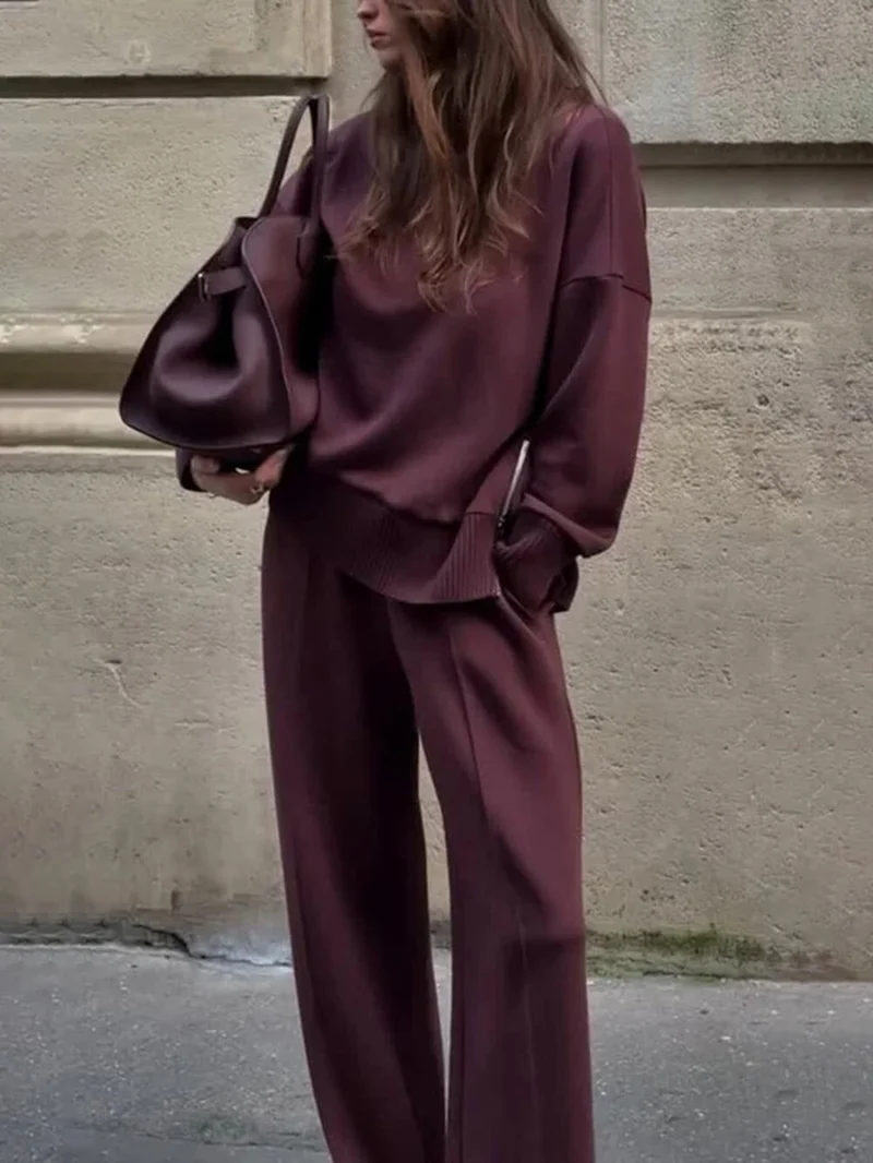 Classic Double Soft Turtleneck Side Zipper Sweatshirt and Elastic Waist Pocketed Loose Pants Set