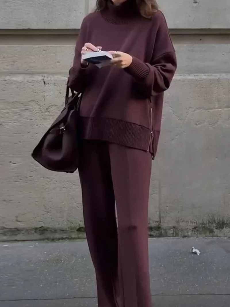 Classic Double Soft Turtleneck Side Zipper Sweatshirt and Elastic Waist Pocketed Loose Pants Set