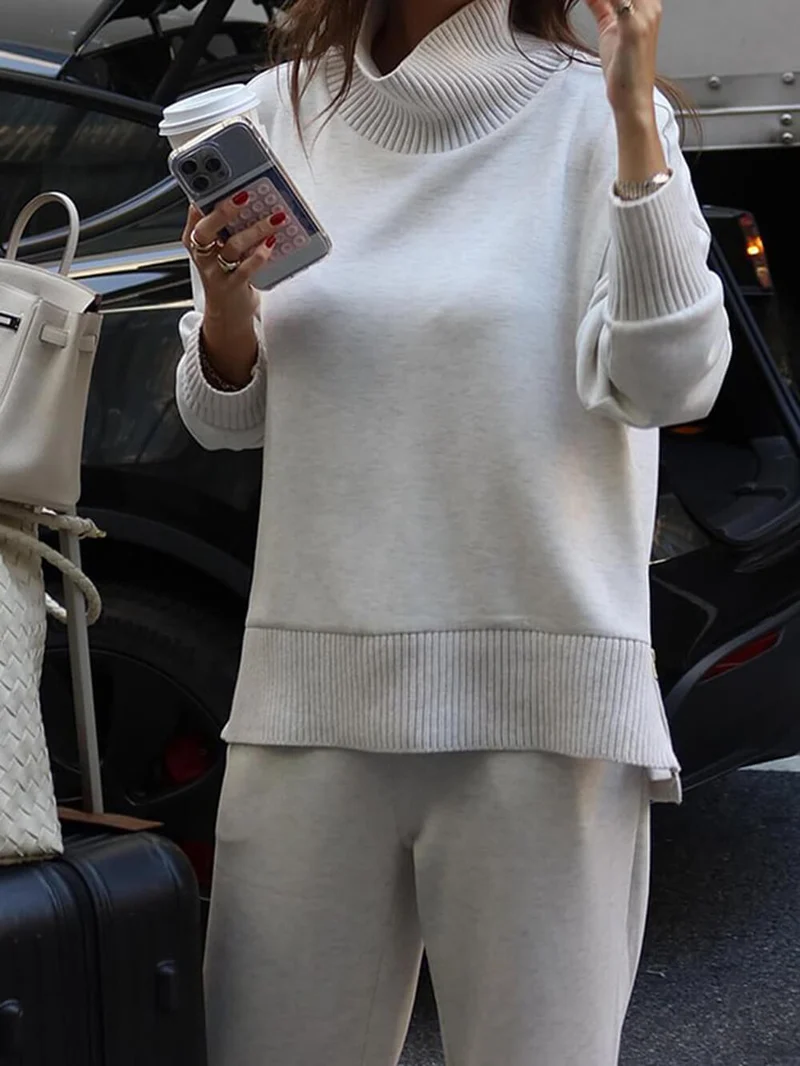 Classic Double Soft Turtleneck Side Zipper Sweatshirt and Elastic Waist Pocketed Loose Pants Set