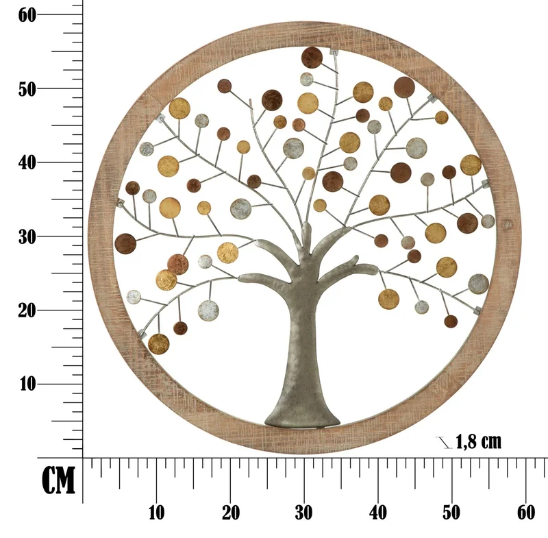Décoration murale en forme d'arbre métallique (dans un cadre rond en bois)