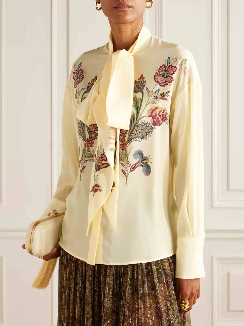 Retro Bow Neckline Floral Print Chiffon Shirt