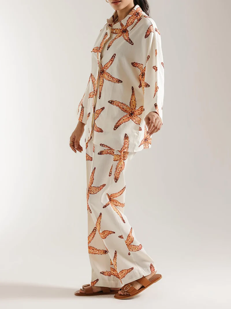 Unique Starfish Print Loose Pocket Straight Pants