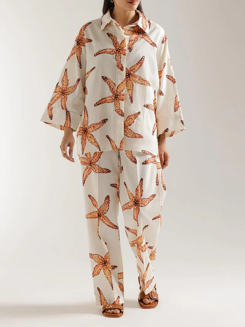 Unique Starfish Print Loose Pocket Straight Pants