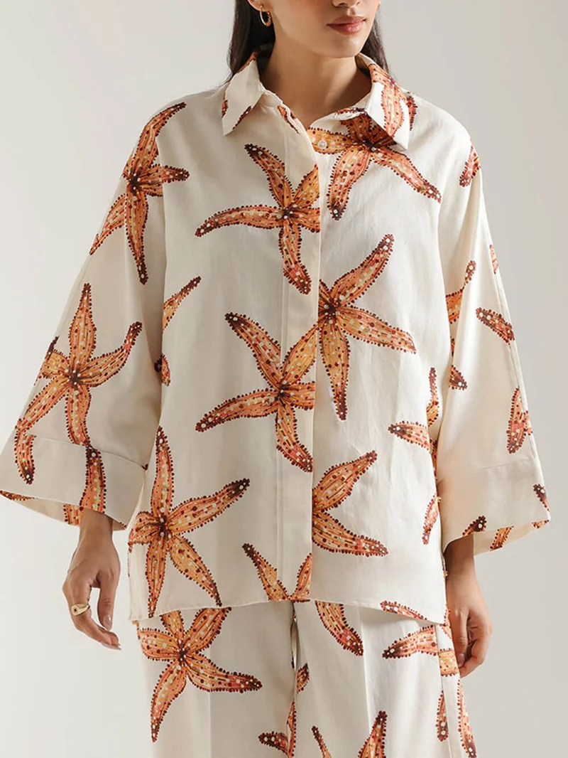 Unique Starfish Print Loose Plus-Size Button-Up Shirt
