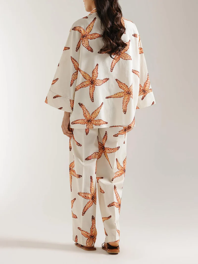 Unique Starfish Print Loose Plus-Size Button-Up Shirt