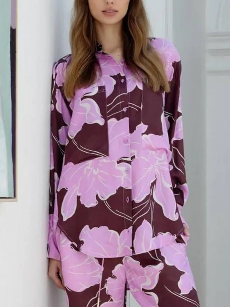 Casual Magnolia Print Asymmetric Loose Button-Up Shirt