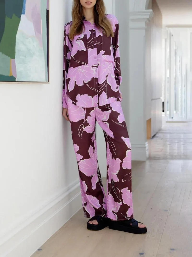 Casual Magnolia Print Asymmetric Loose Button-Up Shirt