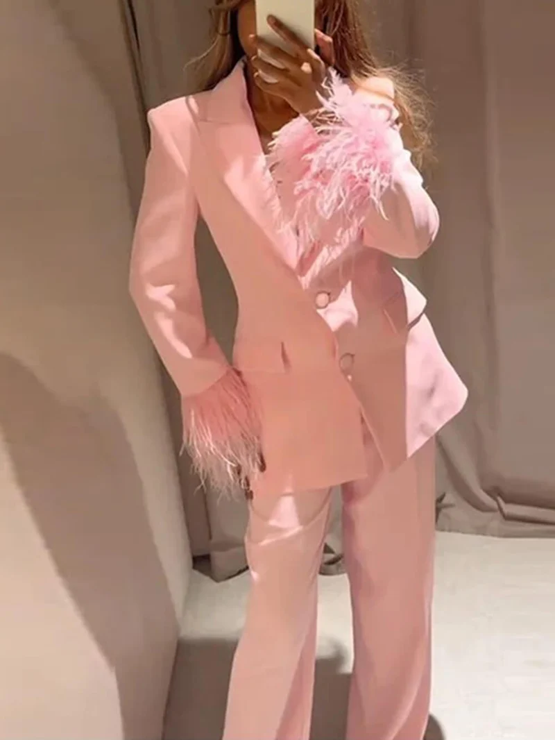 Elegant Pink Patchwork High-Waist Blazer Pants