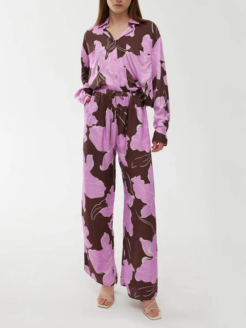 Casual Magnolia Print Elastic Waist Tie-Pocket Straight Pants