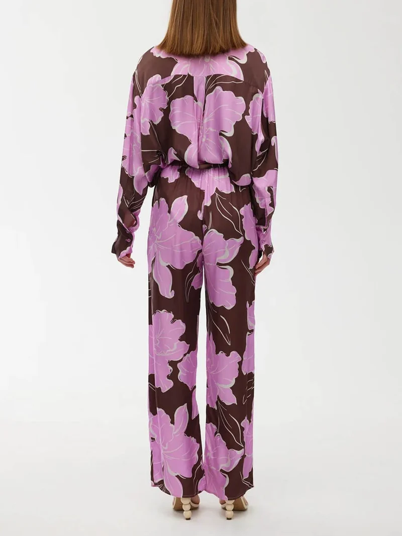 Casual Magnolia Print Elastic Waist Tie-Pocket Straight Pants