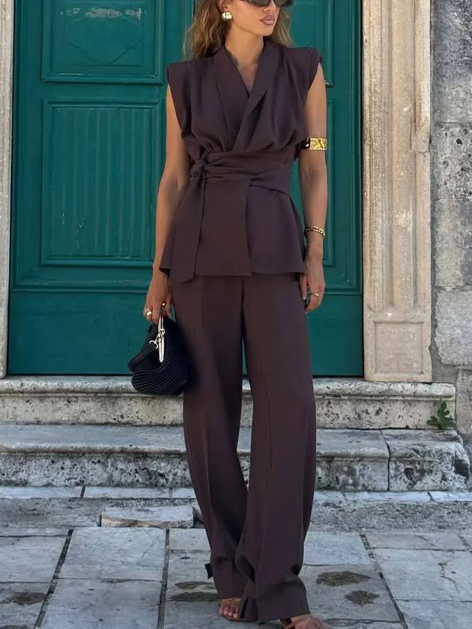 Lapel Waist Lace-Up Vest And Wide-Leg Pants Suit-Pants