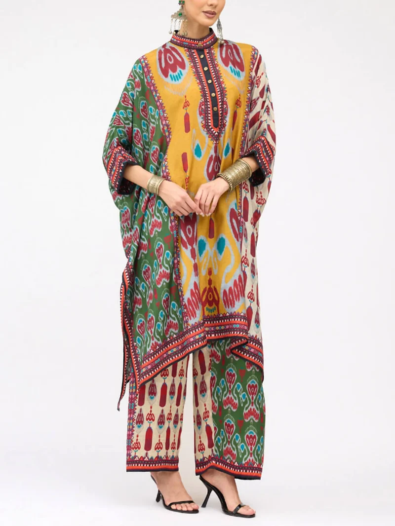 Retro Casual Patchwork Floral Print Loose Straight-Leg Pants