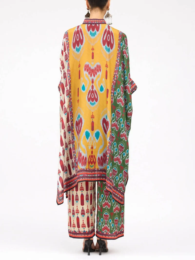 Retro Casual Patchwork Floral Print Loose Midi Shirt