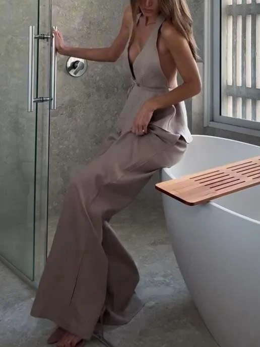 Elegant Halter Neck Lace-up Top And Wide Leg Pants Suit-Pants