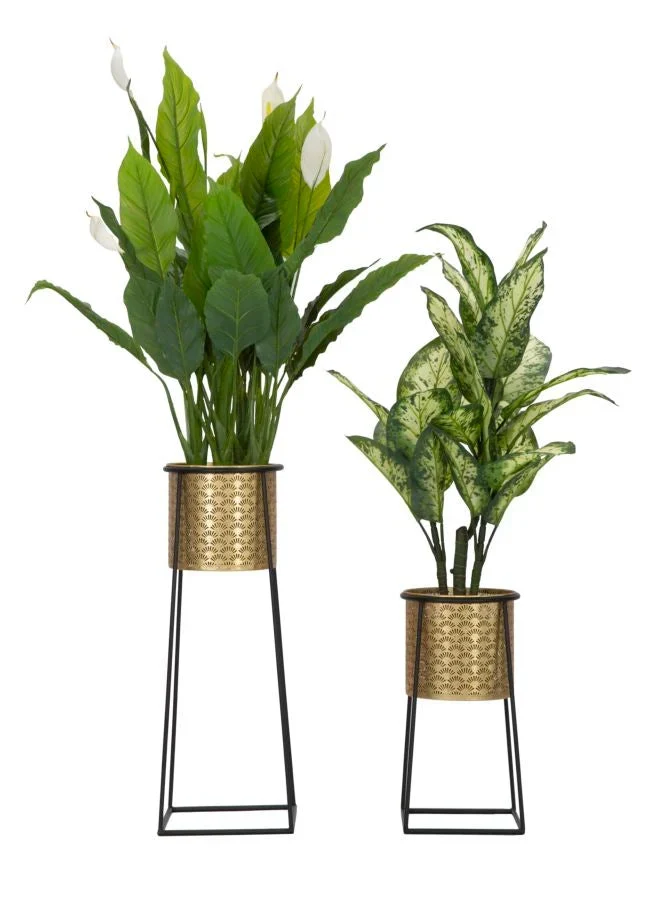 Ensemble de 2 jardinières dorées avec support en métal noir