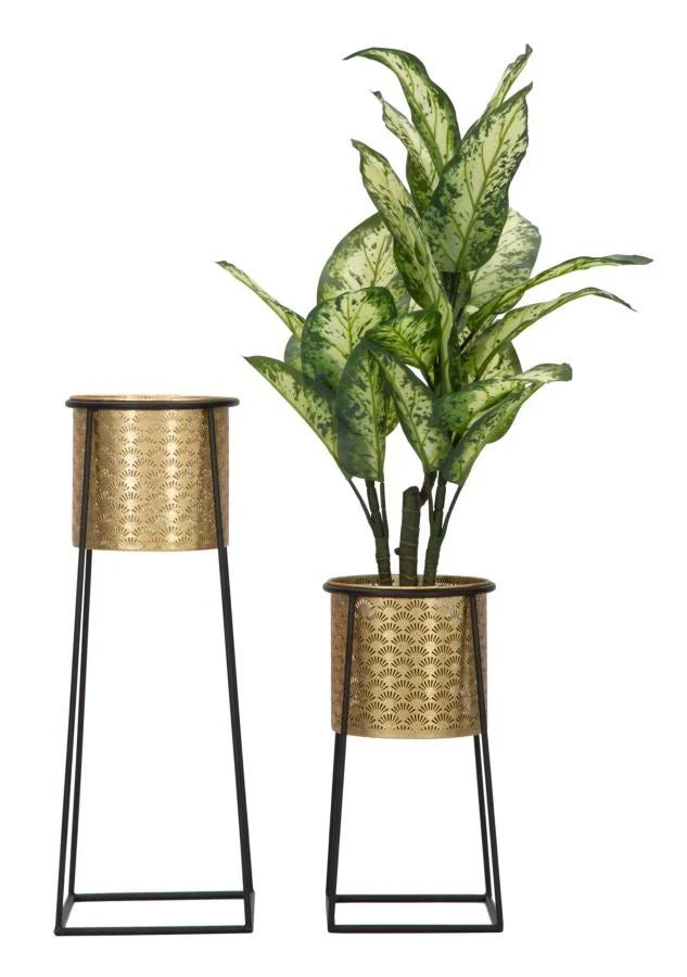 Ensemble de 2 jardinières dorées avec support en métal noir