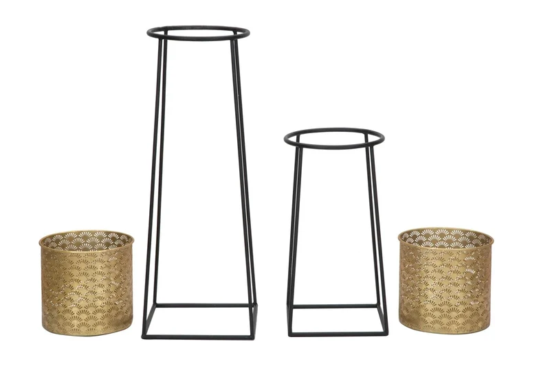 Ensemble de 2 jardinières dorées avec support en métal noir