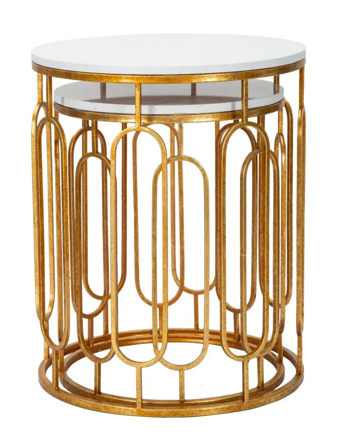 Ensemble de 2 tables d’appoint rondes en métal doré avec plateau en marbre