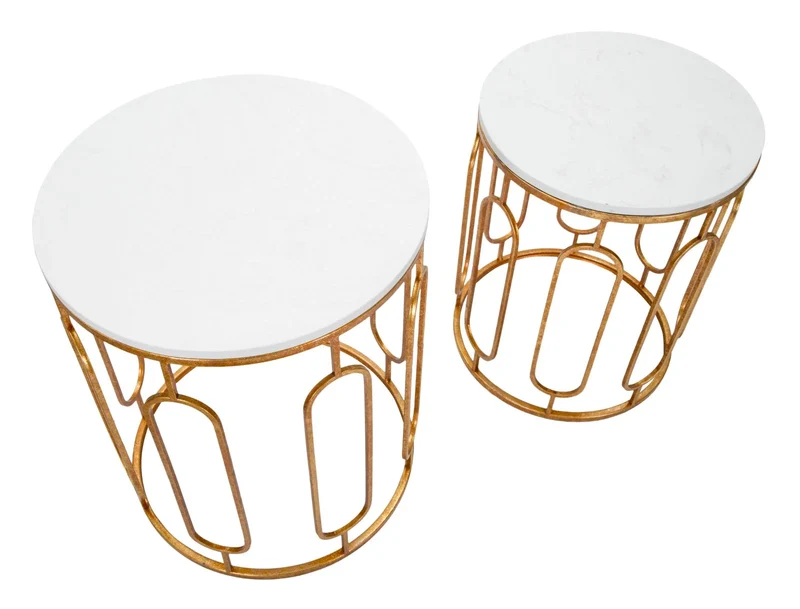 Ensemble de 2 tables d’appoint rondes en métal doré avec plateau en marbre