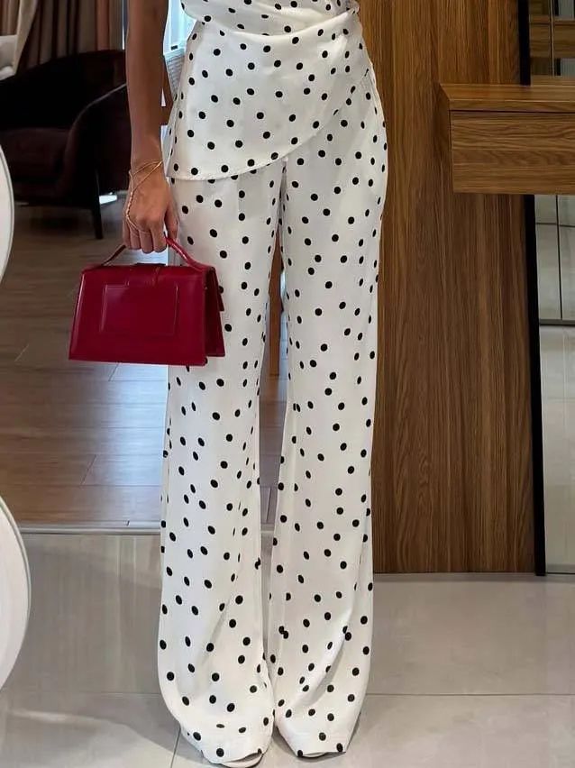 Vintage Polka Dot Off-Shoulder Top And Wide Leg Pants Suit-Pants
