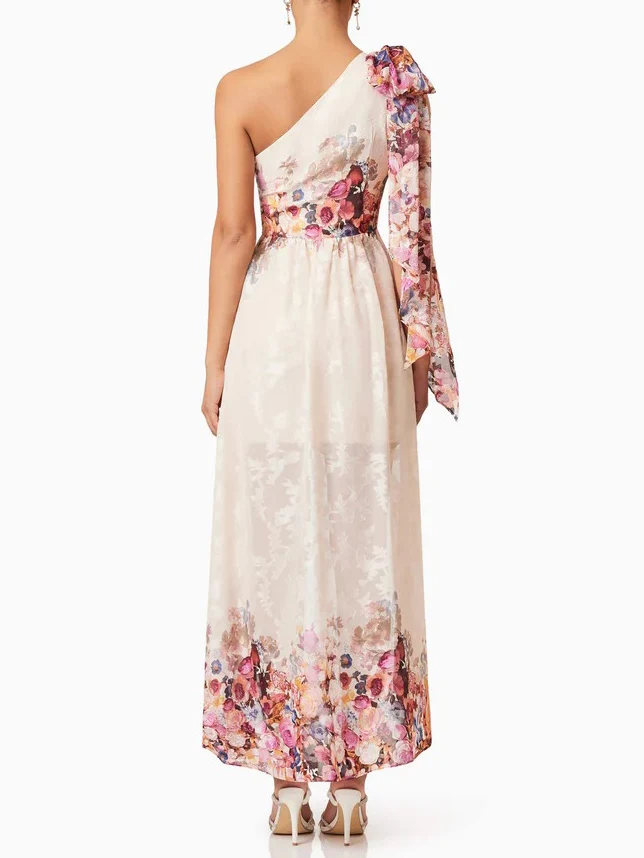 Elegant One-shoulder Bow Sleeve Floral Print Draped Top
