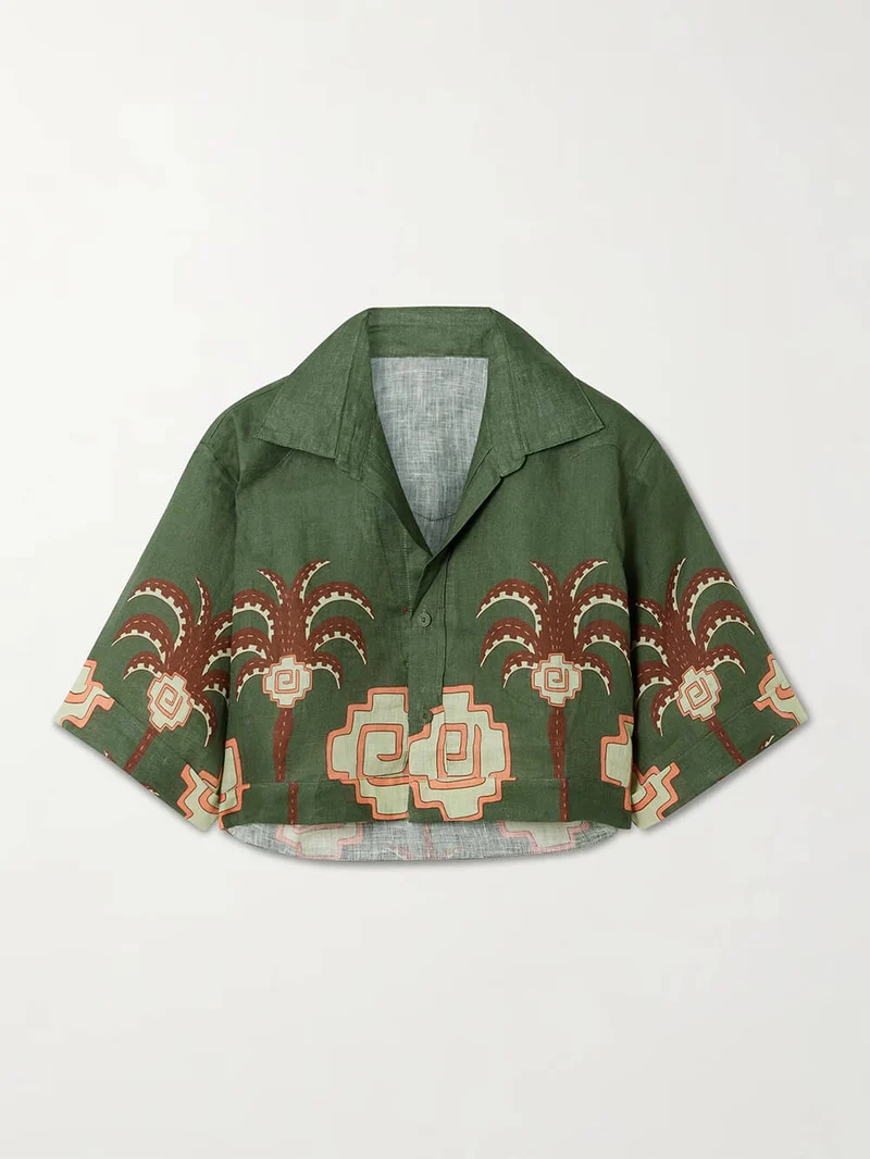 Retro Palm Tree Print Cropped Linen Shirt