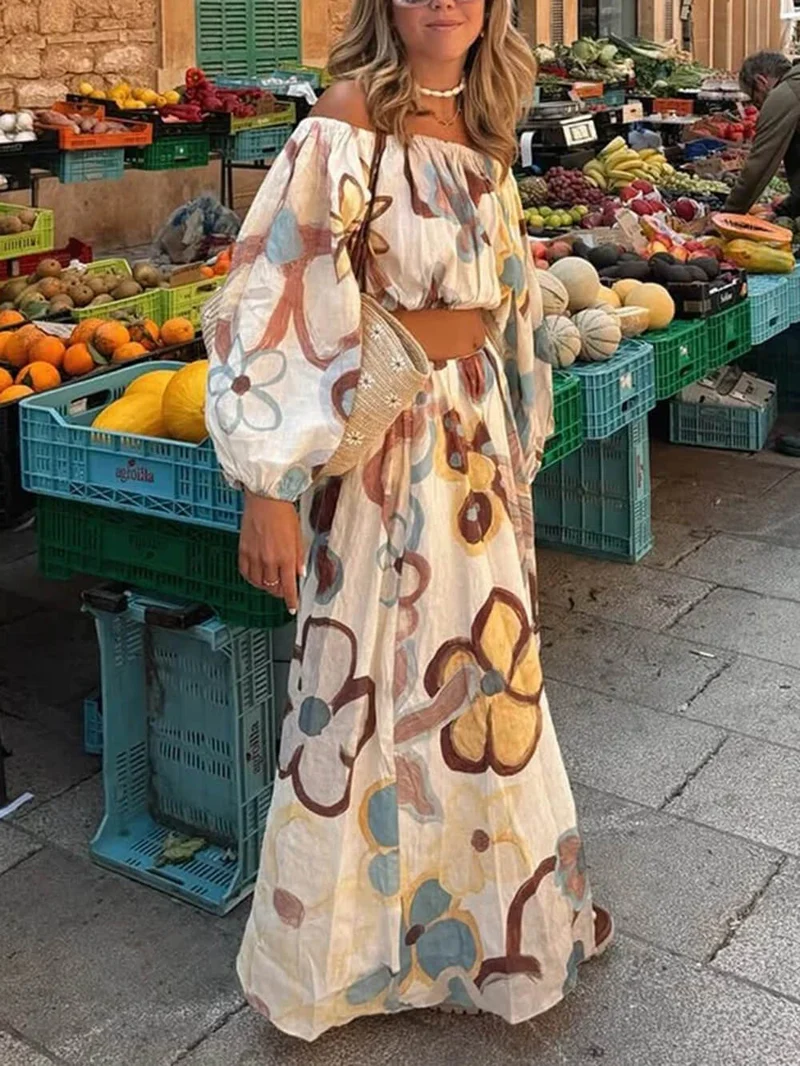 Fashionable Printed Off-Shoulder Lantern Sleeve Ruched Crop Top