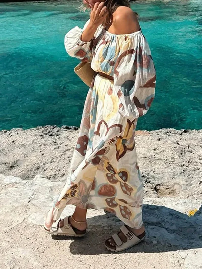 Fashionable Printed Off-Shoulder Lantern Sleeve Ruched Crop Top