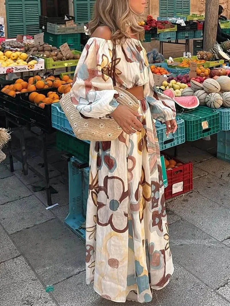Fashionable Printed Off-Shoulder Lantern Sleeve Ruched Crop Top