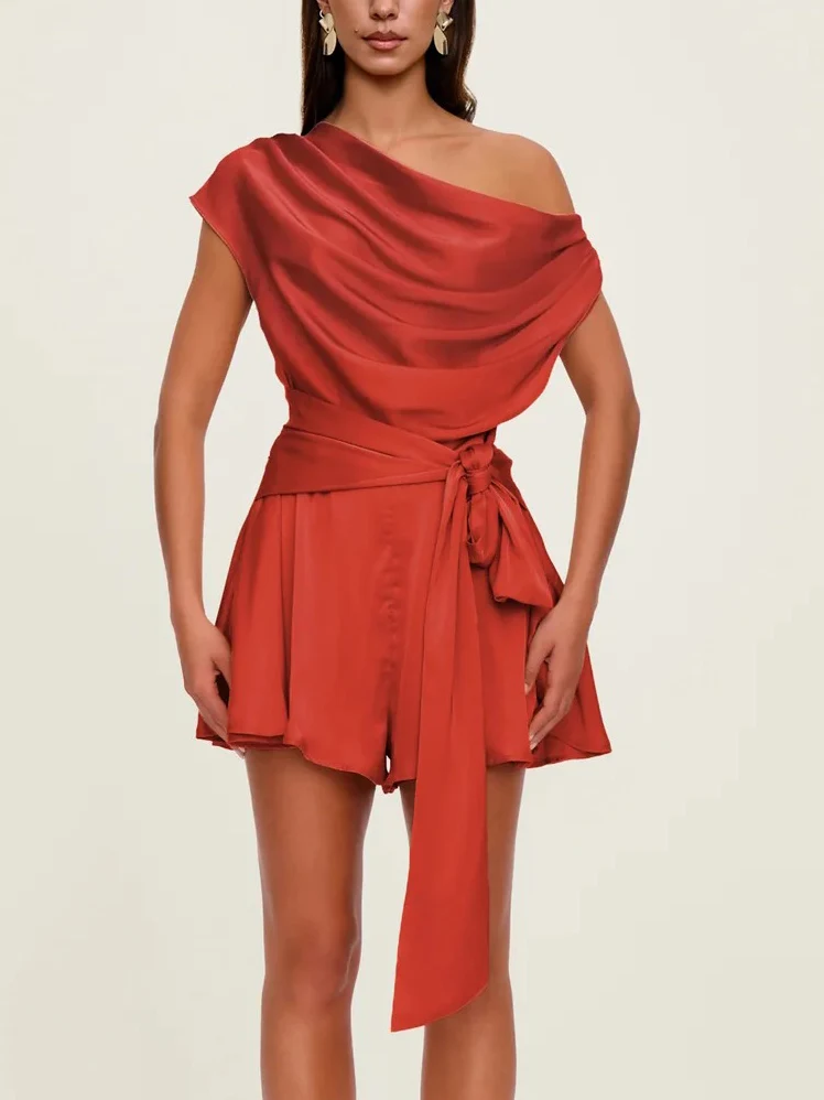 Exquisite Satin Pleated Short Jumpsuit