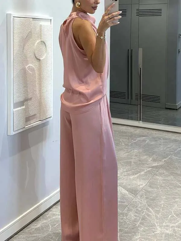 Elegant Halter Neck Swing Collar Top And Wide Leg Pants Suit-Pants